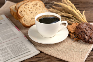 Hot coffee cup and breakfast