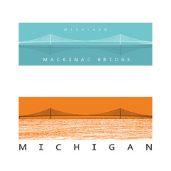 Mackinac Bridge - modern architecture construction in Michigan. Beautiful vector illustration of a long steel suspension bridge located in North America.
