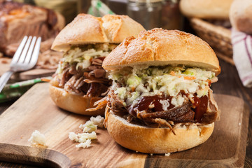 Homemade pulled pork burger with coleslaw salad