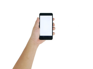 Man asian hand holding vertical the black smartphone with blank screen for text, isolated on white background.