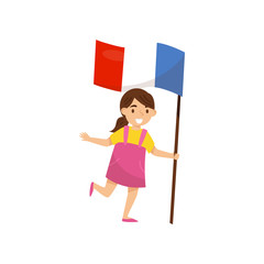Girl holding national flag of France, design element for Independence Day, Flag Day vector Illustration on a white background