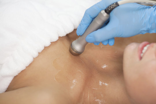 Portrait of woman getting rf-lifting. Rf lifting procedure in a beauty parlour
