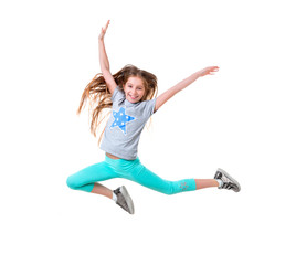 long-haired active girl dancing, isolated