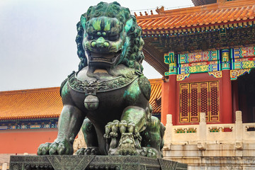 Bronze Imperial guardian lion in famous Forbidden City Beijing China