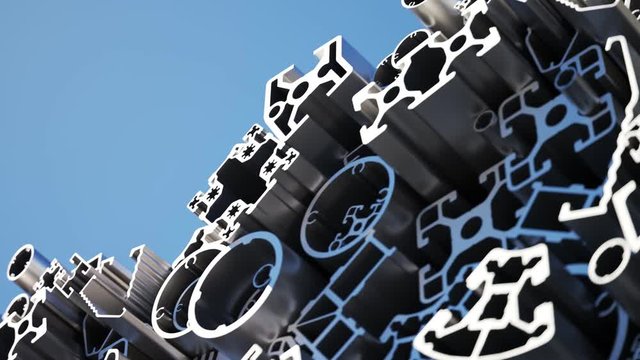 Complex lightweight extruded aluminium profiles stacked in an endless loop. 4KHD