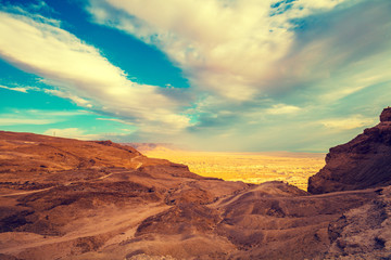 View from Masada at the valley in Judaean Desert in the early morning. Israel