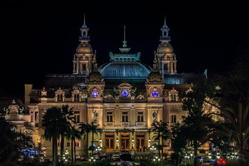 Monaco Grand Casino in Monte Carlo at night with illuminated facade