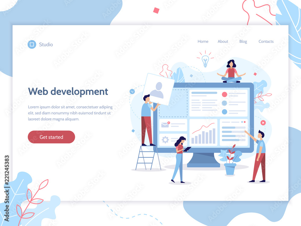 Fototapete Web banner design template. Website development. The team of web developers constructs a personal user account or admin panel for the web site. Flat vector illustration.