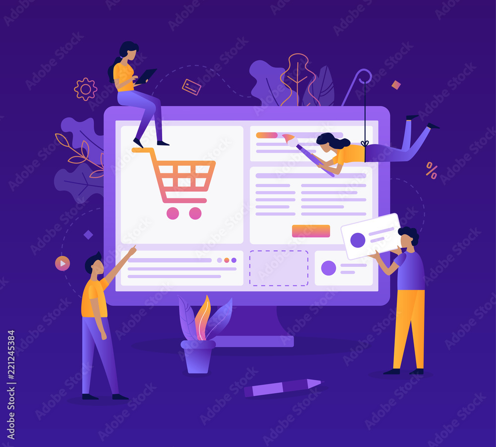 Fototapete A team of web developers design an online store. Teamwork project. Website development. Flat vector illustration.