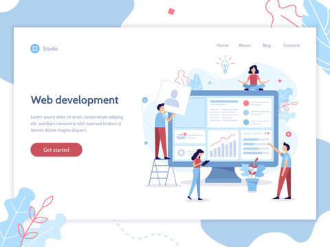 Web banner design template. Website development. The team of web developers constructs a personal user account or admin panel for the web site. Flat vector illustration.