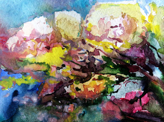 Abstract bright colored decorative background . Floral pattern handmade . Beautiful tender romantic blossom tree , made in the technique of watercolors from nature.
