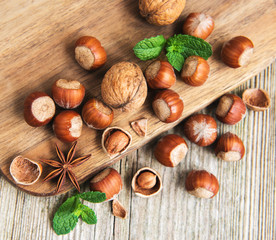 Hazelnuts on a old wooden table