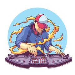 Cool disc jockey with headphone mixing music - obrazy, fototapety, plakaty
