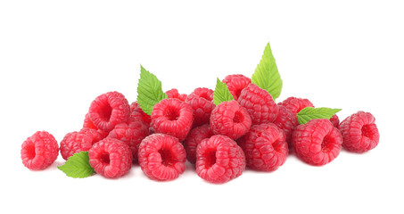 ripe raspberries with green leaf isolated on white background macro