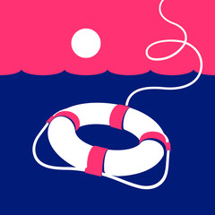 Ring lifebuoy and sea. Vector illustration. Blue. Pink. White.