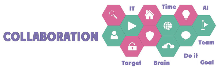 COLLABORATION Hexagon computer comcept. Tags and icons. Word cloud