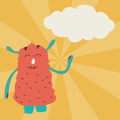 Cute monster poster with cloud for text in cartoon style