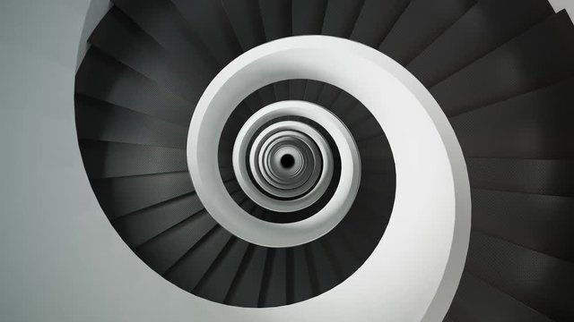 Modern, contemporary dark spiral staircase. Camera slowly rotates. 4KHD