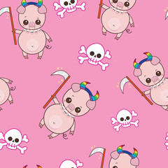 Seamless pattern cute little pigs cartoon with angel of death costumes and skull with bone.Trick or treat. Happy halloween concept.Character design.Vector illustration.