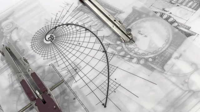 Blueprints - compass and drawing of the golden section and drawings of antique decorative elements of architectural orders / seamless looping
