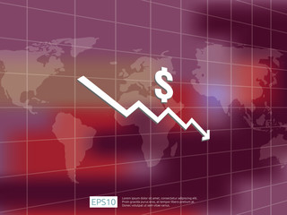 dollar money fall down symbol with world map and blur background. arrow decrease economy stretching rising drop. Business loss crisis decrease illustration. cost reduction bankrupt vector