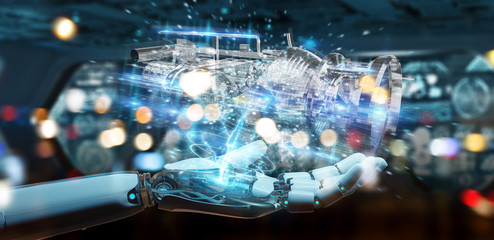 Cyborg using wireframe holographic 3D digital projection of an engine