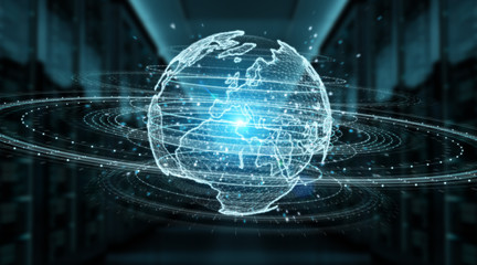 Globe network hologram with Europe map 3D rendering