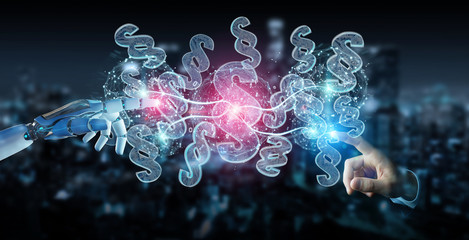 Cyborg judge using 3D rendering digital paragraph law symbol
