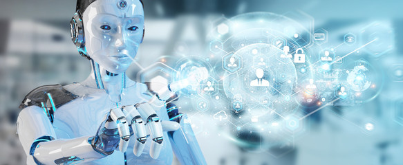 White woman robot using digital screen interface 3D rendering