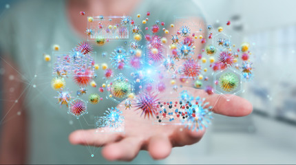 Businesswoman analyzing bacteria microscopic close-up 3D rendering