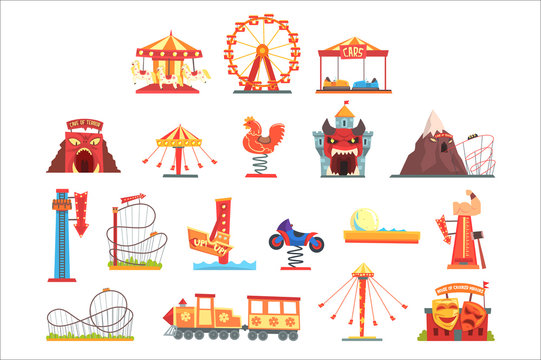 Amusement park elements set, funfair attraction colorful cartoon vector Illustrations