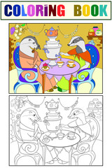 Family of badgers in their house in the kitchen coloring book for children cartoon raster illustration. Color, Black and white