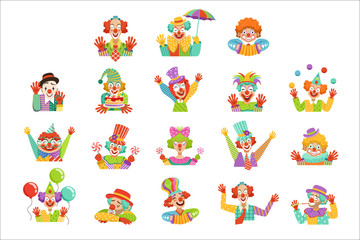Happy cartoon friendly clowns character colorful vector Illustrations