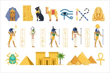 Foto op Plexiglas Egypt set, Egyptian ancient symbols of the power of pharaohs and gods colorful vector Illustrations © topvectors