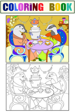 Family of badgers in their house in the kitchen coloring book for children cartoon raster illustration. Color, Black and white
