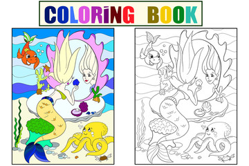 mermaid looks in the mirror coloring book for children cartoon raster illustration. Color, Black and white