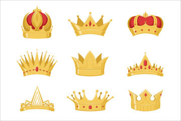 Royal golden crowns set, symbols of power of the king and queen vector Illustrations