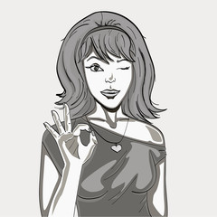 A retro girl shows a figure with her fingers. Symbol OK, good, excellent. Raster black and white pencil. Shades of gray