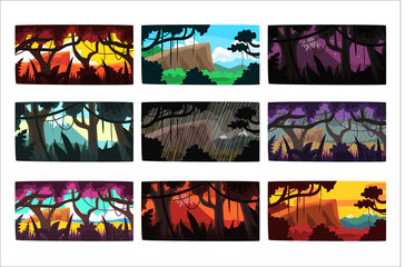 Tropical jungle landscapes set in different times of day