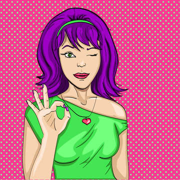 A retro girl shows a figure with her fingers. Symbol OK, good, excellent. Raster illustration