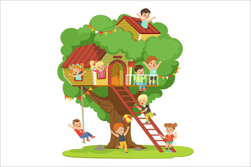 Fototapeta premium Kids having fun in the treehouse, childrens playground with swing and ladder colorful detailed vector Illustration