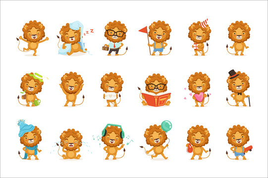 Cute lion characters posing in different situations colorful vector Illustrations