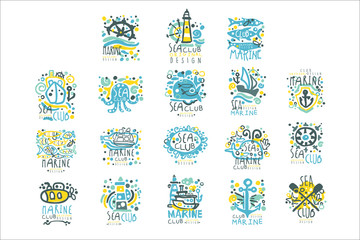 Sea club set for label design. Yacht club, sailing sports or marine travel hand drawn colorful vector Illustrations
