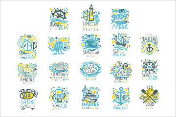 Fototapeta premium Sea club set for label design. Yacht club, sailing sports or marine travel hand drawn colorful vector Illustrations