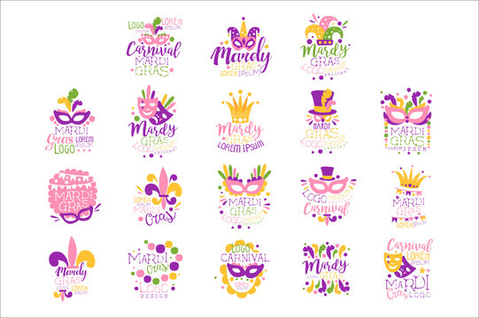 Mardi Gras logo set original design, hand drawn colorful vector Illustrations