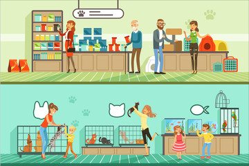Pet shop horizontal banners set, people buying pets, aquarium fish, food for animals, cage, accessories for care