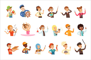 Young men and women of different professions set, people avatars collection colorful vector Illustrations
