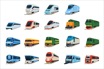 Foto op Plexiglas Jongenskamer Retro en moderne treinen locomotief set, treinwagon vector illustraties