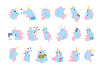 Fototapete Einhörner Lustige Einhorn-Charaktere mit verschiedenen Emotionen stellen bunte Vektorillustrationen ein