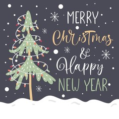 Merry Christmas and Happy new Year Greeting Card Vector Template. Christmas tree. Handwritten modern brush lettering.